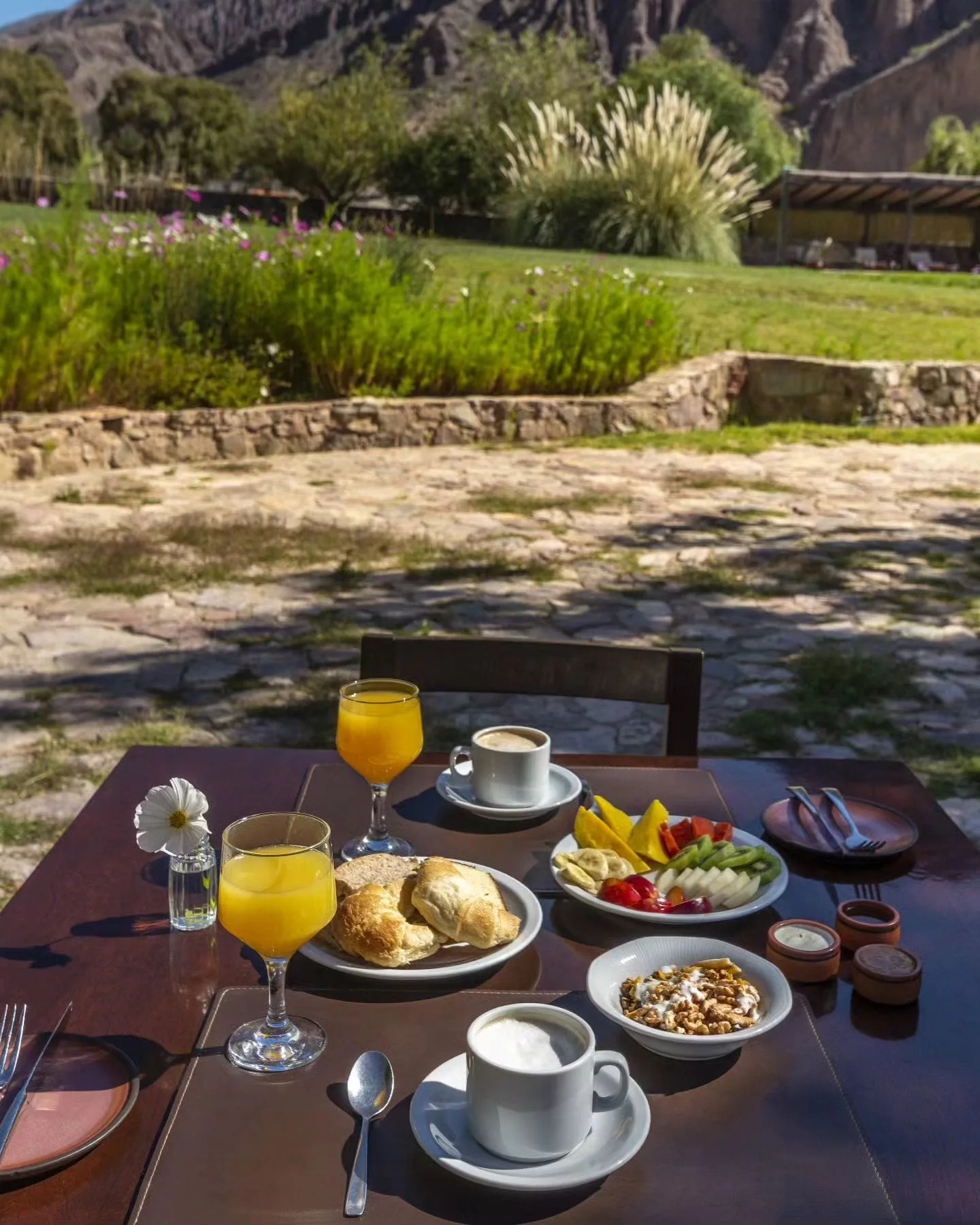 Desayuno servido al sol, con jugo de naranja, frutas y medialunas