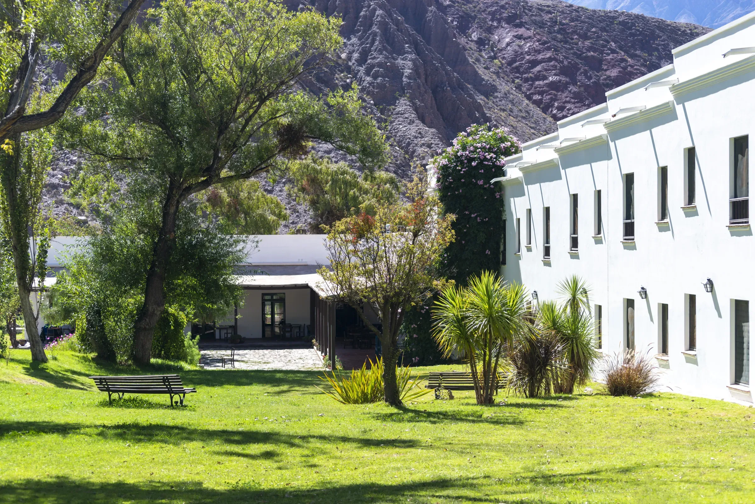 El parque arbolado del hotel con la casona de dos plantas