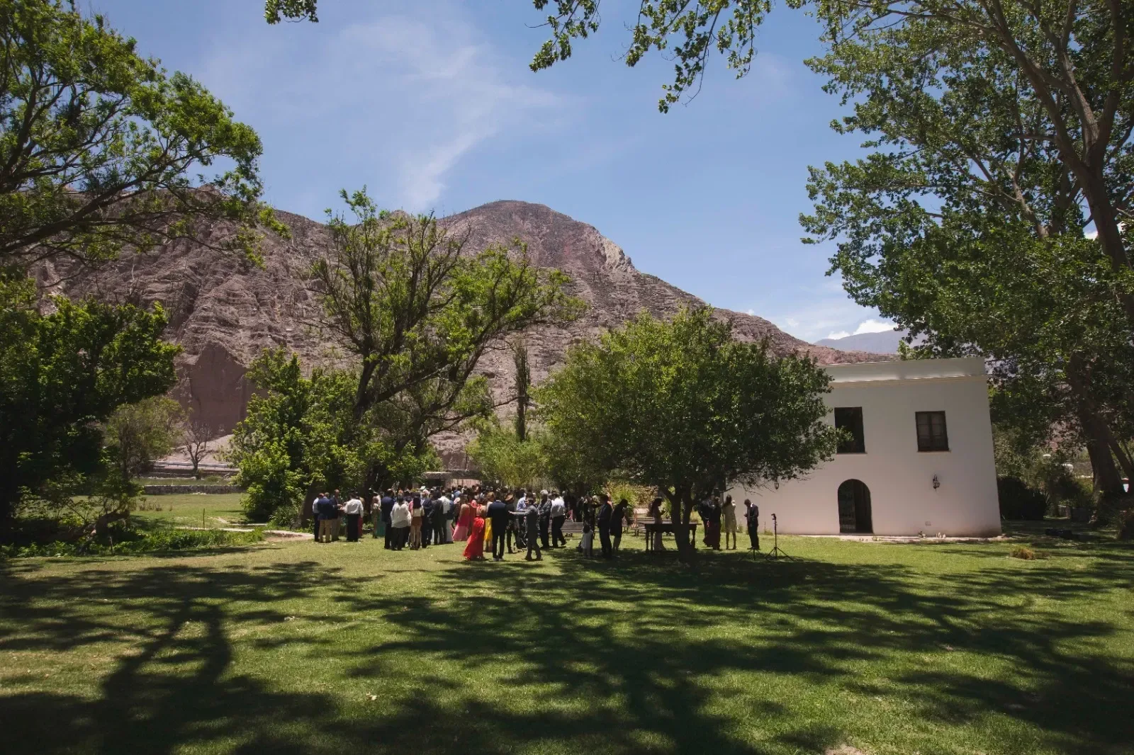Ceremonia bajo los árboles del parque, con los cerros detrás